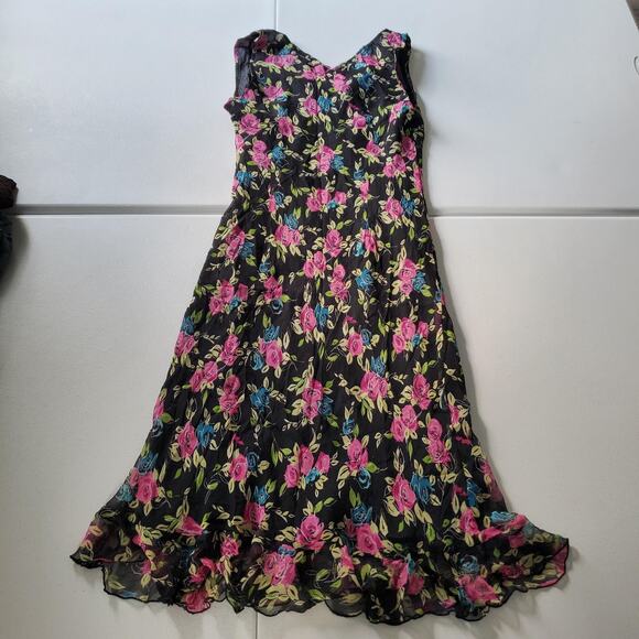 Y2K Whimsigoth Fairy Grunge Dress Womens 14 Black Floral Silk Sleeveless V-Neck - Picture 3 of 8